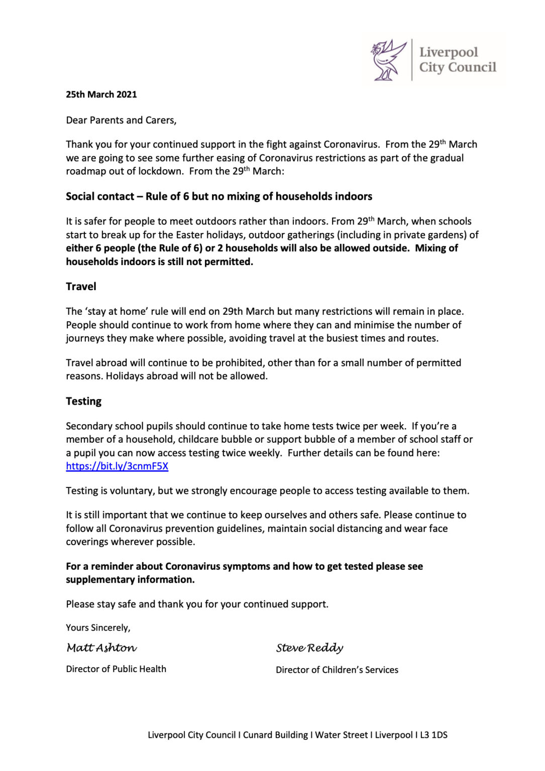 Letter from Liverpool City Council and Public Health - Florence Melly ...